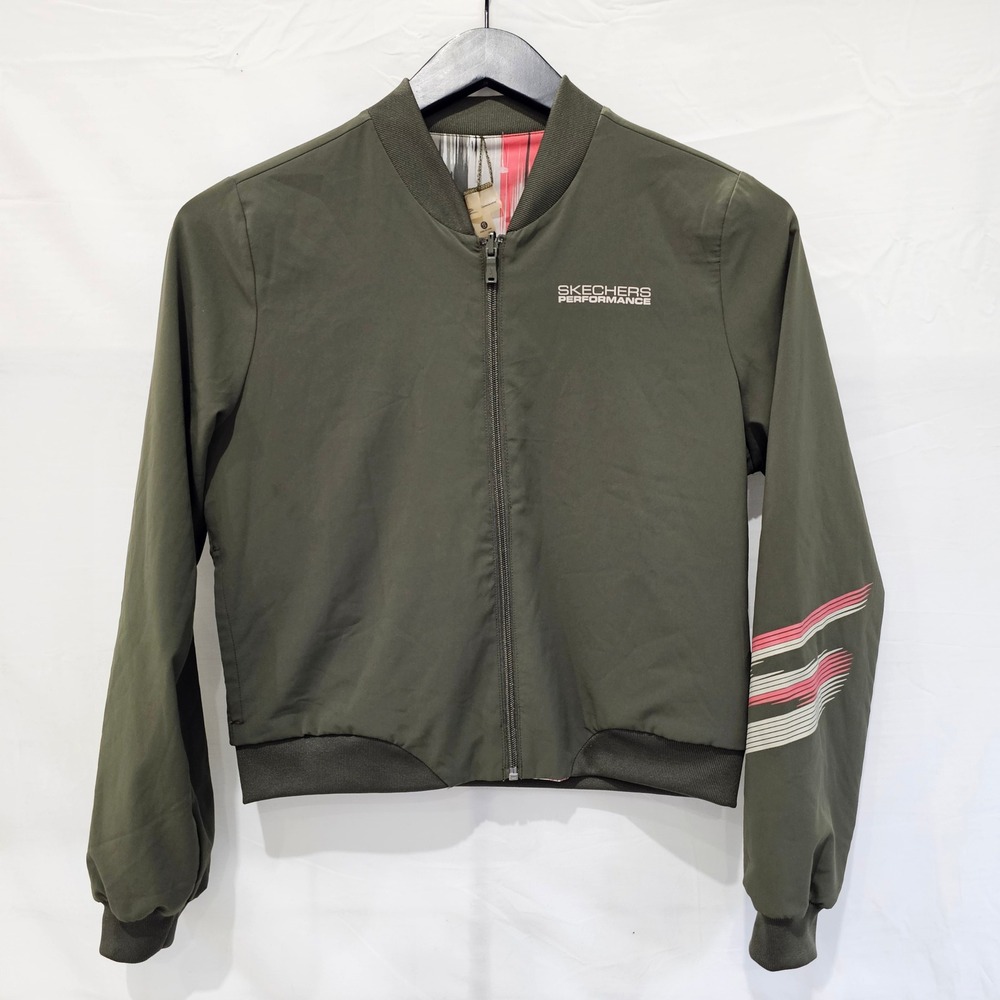 Skechers Performance Womens Small Olive Green Bomber Jacket Pink Ikat Lining